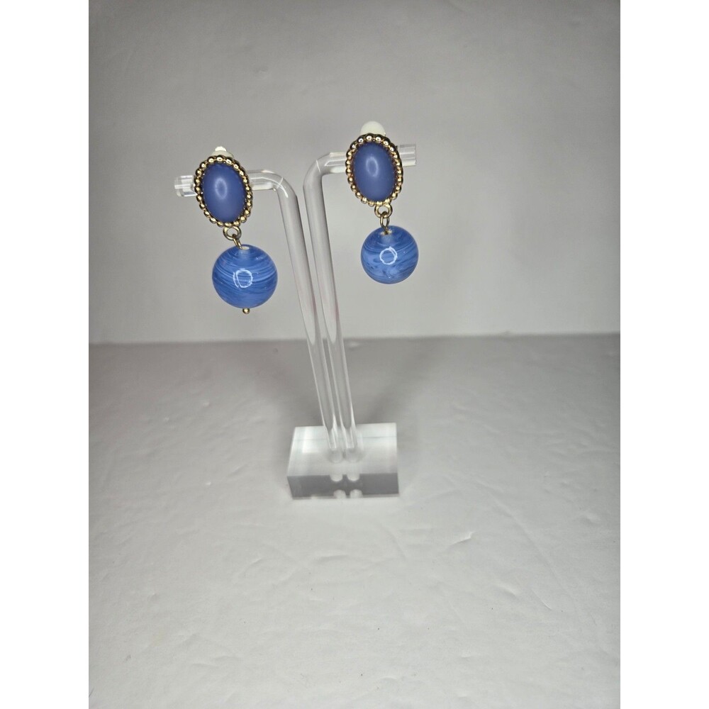 Gold Tone Clip On Earrings with Light Blue Swirled Cabachon and Bead